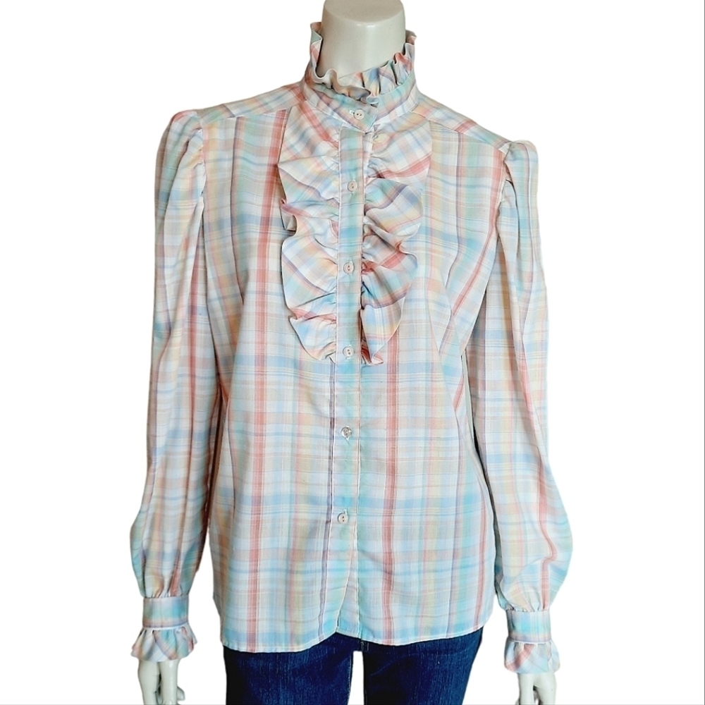 VINTAGE 80s Top Size Medium Hand Sewn Plaid Ruffle Details Button Front